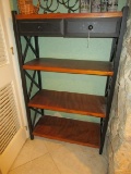 4-Tier Black Wood Shelving w/ 2 Wood Drawers, Wood Pulls, Panel Motif