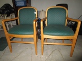 Pair - Wooden Chairs Green Scalloped Upholstered Arched Back
