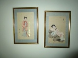 Pair - Vintage Japanese Geisha Women Hand Painted on Silk Pictures