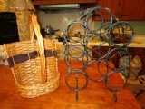 Wicker Wine Holder + 9 Bottle Metal Wine Holder w/ Vine Motif