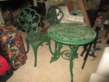 Green Cast Iron Patio Table/2 Chairs, Rose/Floral Design/Motif