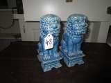 Pair - Ceramic Blue Foo Dog on Stands