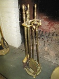 Fireplace Brass Poker, Brush, Shovel, Tongs on Stand