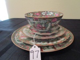 Antique China Lot - Ornate Floral, Asian Scene Design/Motif Bowl, Saucer