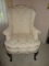 Queen Anne Style Wing Back Chair Mahogany Trim Ivory Classic Damask Pattern Upholstery