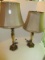 Pair - Brass Antiqued Patina Table Lamps w/ Reverse Pattern Shades