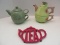 Lot - Red Enamelware Teapot Trivet , Pier 1 Stoneware Sage Tea For One Relief Spanish Design