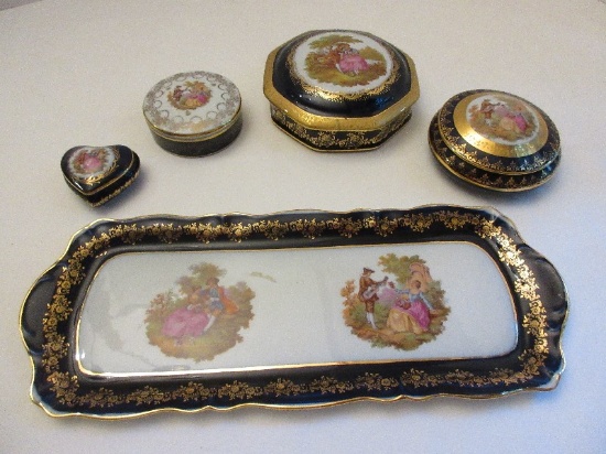 Porcelain Dresser Tray Victorian Couples/Cobalt/Gilded Trim Pattern