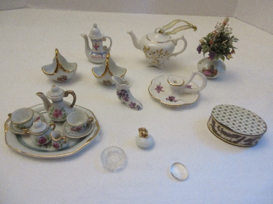 Lot - Miniature Porcelain Tea Set, Bone China Candle Stick w/ Handle