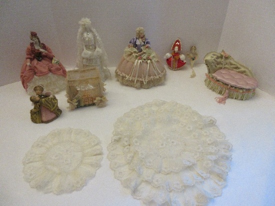 Lot - Fainting Couch Keepsake Box 3 3/4" H x 6 1/2", Victorian Wedding Dress on Form Stand 8"