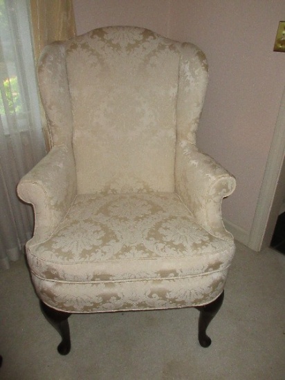 Queen Anne Style Wing Back Chair Mahogany Trim Ivory Classic Damask Pattern Upholstery