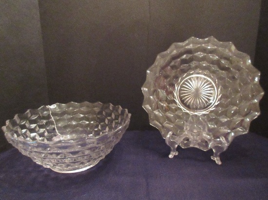 Fostoria American Pattern Clear Sandwich 10 5/8" Plate & Salad Bowl 10 1/2" Circa 1915-1982