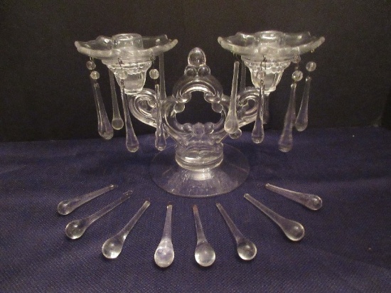 Cambridge Depression Glass Clear 2 Light Keyhole Pattern Candle Stick w/ Bobeches