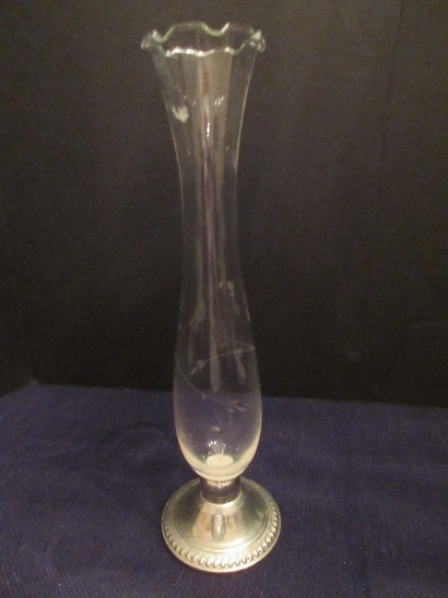 Unmarked Sterling Weighted Base Etched Glass Bud Vase