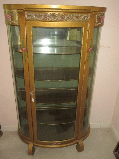 Victorian Era Style Painted Bow Front China Cabinet w/ Floral Spray & Scrolled Leaves Accent