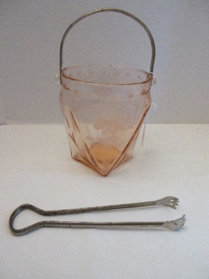 Pink Depression Glass Art Deco Style Ice Bucket w/ Etched Flower, Chrome Finish Handle