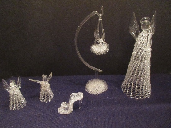 Lot - Spun Glass Hand Crafted Angels & Bird Cage w/ Stand