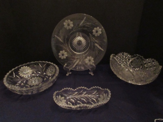Lot - Cut Crystal Shallow Bowl, Relish Dish Etched Flowers & Other