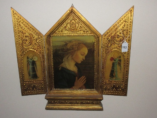 Florentine Religious Icon Triptych Madonna w/ Angels on Each Side Panel Intricate Design