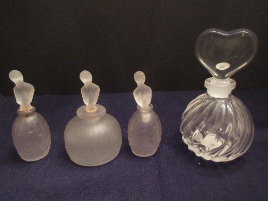 Lot - 3 Satin Glass Scent Bottles w/ Figural Lady Stoppers & Crystal Spiral Bottle