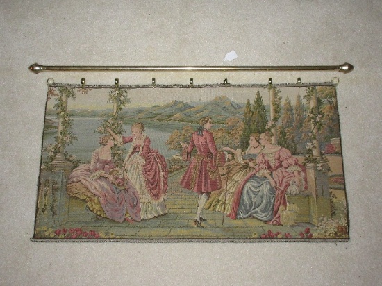 Tapestry Victorian Gathering on Terrace Landscape Mountains/Water Background