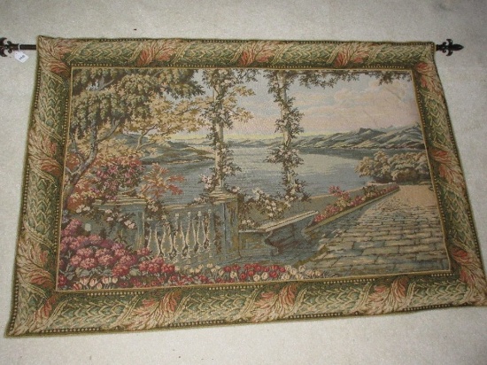 Tapestry Terrace & Landscape Scene w/ Mountains/Lake Background Rod w/ Fleur de Lis Finials