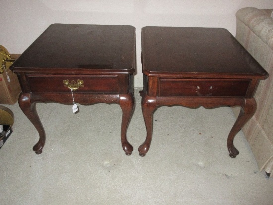 Pair - Queen Anne Style Single Drawer Cherry Finish End Tables