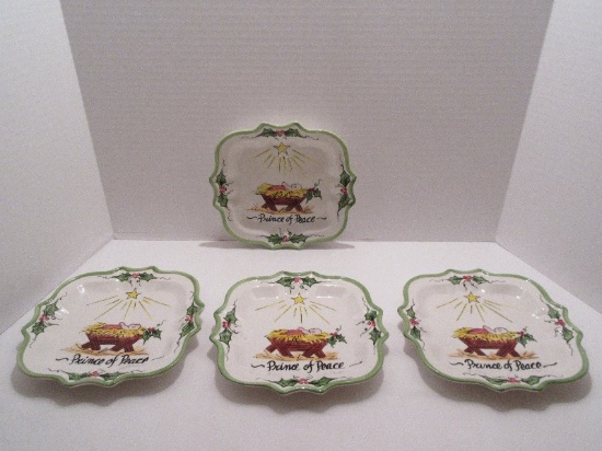 Set - 4 Ceramic Christmas Plates Hand Painted "Prince of Peace" Baby Jesus in Manger Design