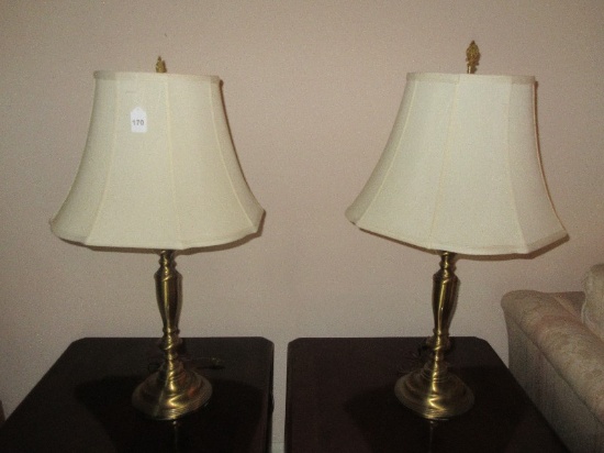 Pair - Candle Stick Style Table Lamps Brushed Brass Patina w/ Milk Glass/Fabric Shades