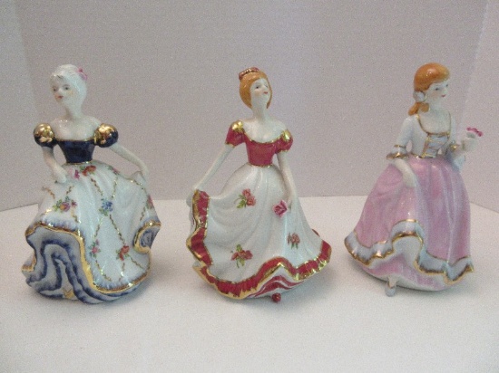 3 Porcelain Victorian Genteel Lady Figurines Holding A Rose