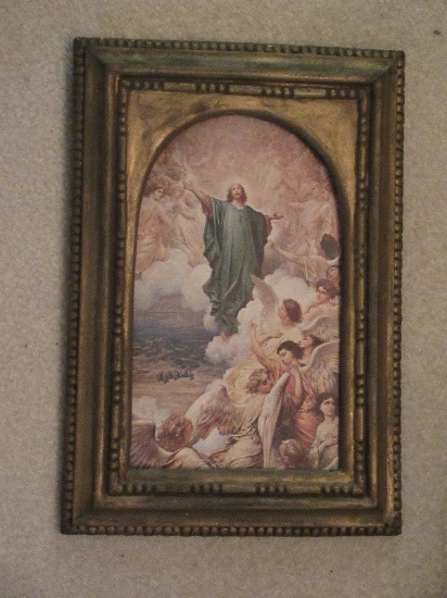 Titled "The Ascension" by Gustave Dore Religious Print in Plaster Arched Frame