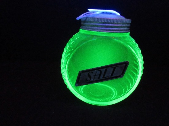 Uranium Glass Diamond Crystal Range Salt Shaker Depression Era w/ Aluminum Lid