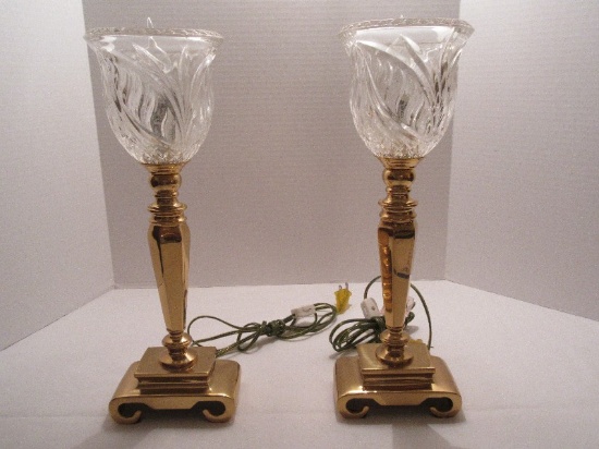 Pair - Brass Candle Stick Design Accent Lamps w/ Crystal Tulip/Diamond Pattern Flared Shades