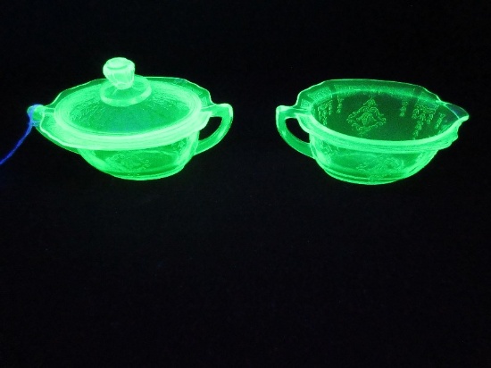 Pair - Anchor Hocking Princess Pattern Green Uranium Depression Glass Creamer