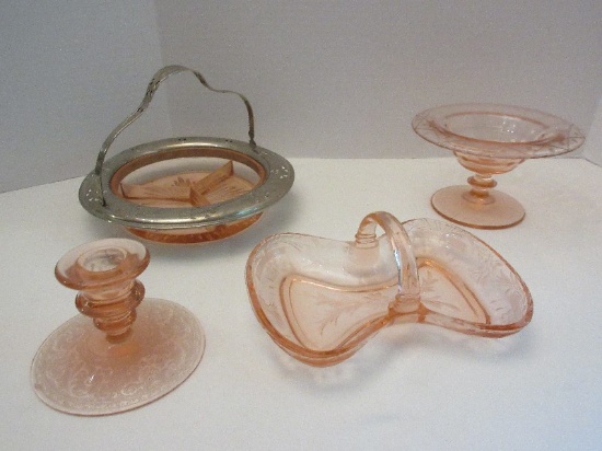 Lot - Pink Depression Glass Etched Rolled Edge Compote 4"
