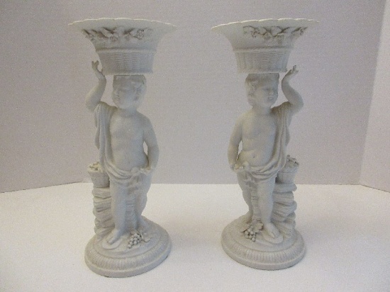 Andrea Pair Blanc White Bisque Figural Putti w/ Baskets A Top Their Heads