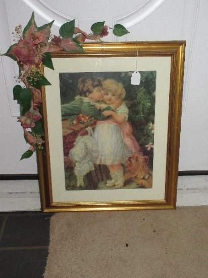 Titled "Over The Garden Wall" by Frederick Morgan Print Victorian Boy Kissing Girls Cheek