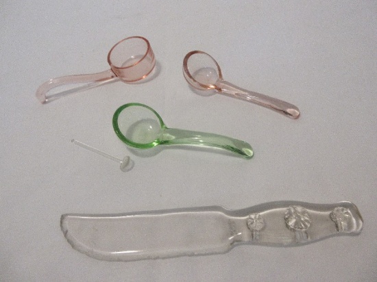 Lot - 2 Pink/1 Green Glass Ladle Spoons & Clear Glass Knife