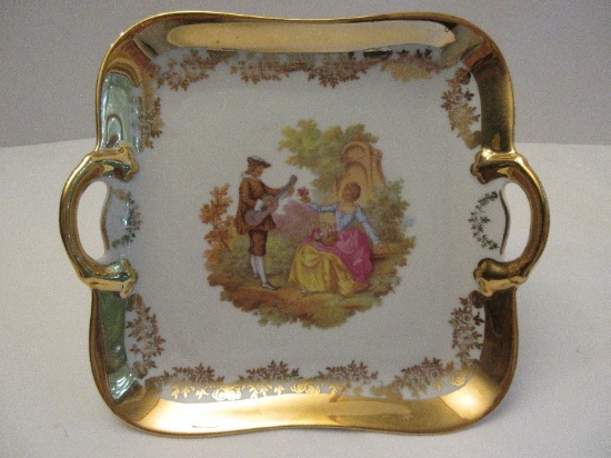 Porcelain Bavaria Germany Square Double Handled Compote Courting Victorian Couple Scene