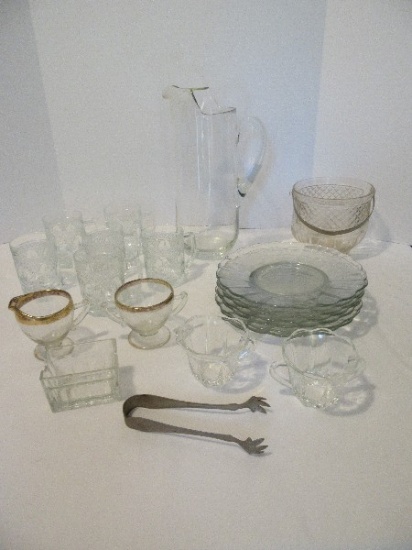 Lot - Glass Plates 9", Tall Hand Blown Pitcher w/ Ice Lip/Applied Handle 13"