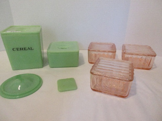 Lot - 3 Covered Pink Refrigerator Dishes, Jadeite Covered Cereal/Other Canister & 2 Lids