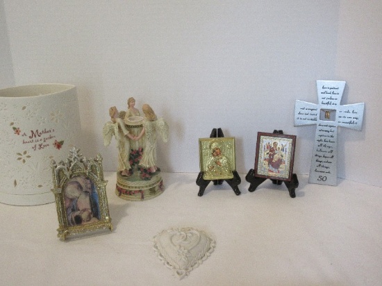 Religious Lot - Madonna w/ Christ Child, Embossed Small Plaque, Angel Tri Resin Candle Stick