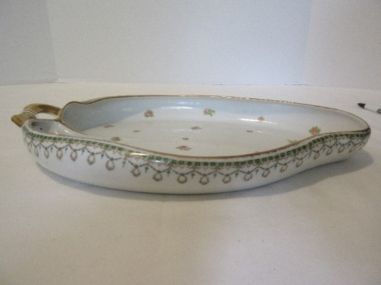 Limoges France Leaf Form Serving Dish Rosebuds, Gilted Trim & Swag/Band Outer Pattern