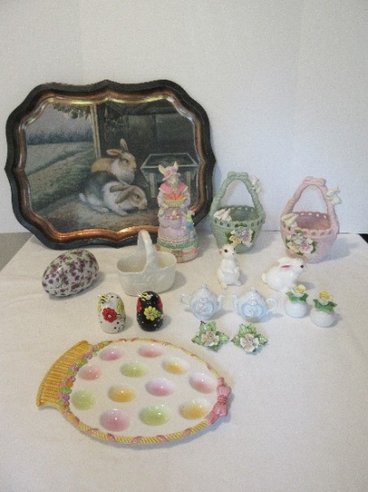 Lot - Easter Decorative Lace Edge Baskets, Egg Dish, Bunny Rabbit Salt/Pepper Shakers