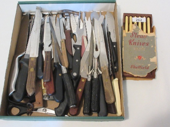 Lot - Misc. Kitchen/Steak Knives Sawtooth Serrated, Meat Clever, Etc.