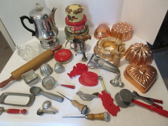 Lot - Misc. Vintage Kitchenware Utensils Gelatin Molds, Cookie Cutters