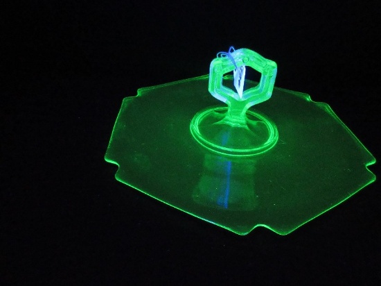 Green Uranium Depression Glass Center Handled Server 9" Notched Hexagon Shape
