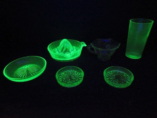 Lot - Green Uranium Depression Glass 2 Coasters 3 1/4", Shallow Dish 5"