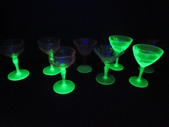 Lot - Green Uranium Depression Glass Stem Etched