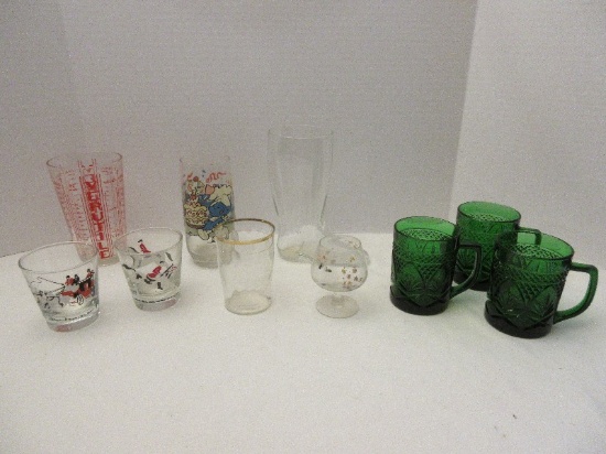 Lot - Glassware Pressed Glass Boot Glass, Verutile Measuring Glass, Smurf Tumbler